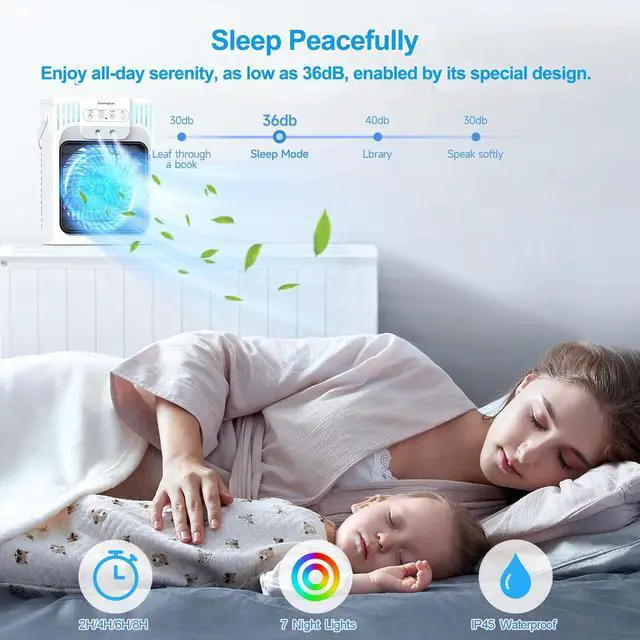 Alt view image 5 of 7 - Portable Air Conditioners, 4 in 1 1200ML Personal Air Conditioner, Evaporative Air Cooler Fan with Remote, 7 RGB Light Modes, 3 Speeds & 2-8H Timer for Bedroom,Car,Nightstand, Office, Dorm, RV