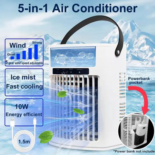 Alt view image 2 of 6 - 4 In 1 Portable Air conditioners Portable Air Conditioner Small Air Conditioner Evaporative Small Air Cooler 5 Winds Speed 3 Type Of Timing 7 Night Lights Supports USB Charging Back Pocket Included