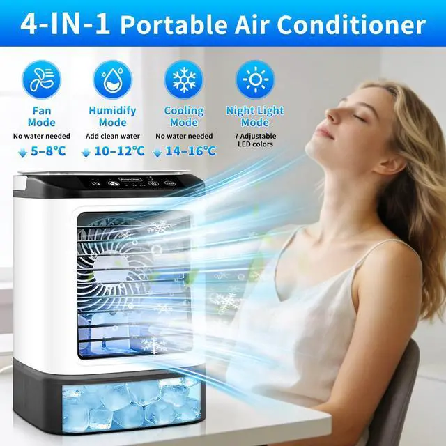Alt view image 2 of 7 - 4-IN-1 Portable Air Conditioners fan,Rechargeable Air Conditioner Portable&Mini Air Conditioner with 4 Speeds,2 Mist Modes,7 LED, 900ML Water Tank,Ice Box,evaporative cooler for Bedroom,Office,Travel