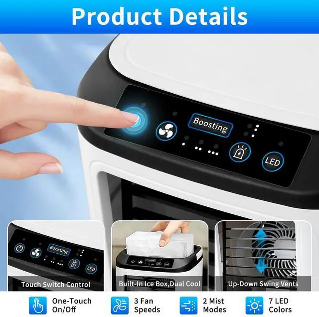 Alt view image 3 of 7 - 4-IN-1 Portable Air Conditioners fan,Rechargeable Air Conditioner Portable&Mini Air Conditioner with 4 Speeds,2 Mist Modes,7 LED, 900ML Water Tank,Ice Box,evaporative cooler for Bedroom,Office,Travel