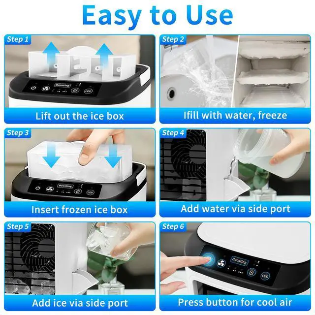 Alt view image 4 of 7 - 4-IN-1 Portable Air Conditioners fan,Rechargeable Air Conditioner Portable&Mini Air Conditioner with 4 Speeds,2 Mist Modes,7 LED, 900ML Water Tank,Ice Box,evaporative cooler for Bedroom,Office,Travel