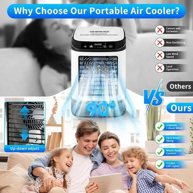 Alt view image 5 of 7 - 4-IN-1 Portable Air Conditioners fan,Rechargeable Air Conditioner Portable&Mini Air Conditioner with 4 Speeds,2 Mist Modes,7 LED, 900ML Water Tank,Ice Box,evaporative cooler for Bedroom,Office,Travel