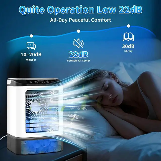 Alt view image 6 of 7 - 4-IN-1 Portable Air Conditioners fan,Rechargeable Air Conditioner Portable&Mini Air Conditioner with 4 Speeds,2 Mist Modes,7 LED, 900ML Water Tank,Ice Box,evaporative cooler for Bedroom,Office,Travel