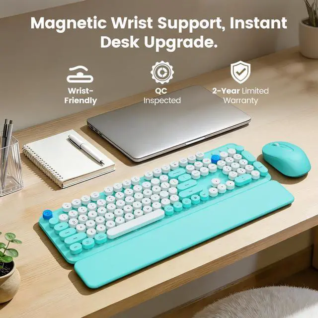 Alt view image 2 of 7 - Wireless Keyboard and Mouse Combo with Magnetic Wrist Rest, Round Keycaps, Full-Size Retro Typewriter-Style Keyboard, Two-Stage Tilt Legs, Auto-Sleep, 2.4GHz Wireless for Windows PC Laptop, Aqua Blue
