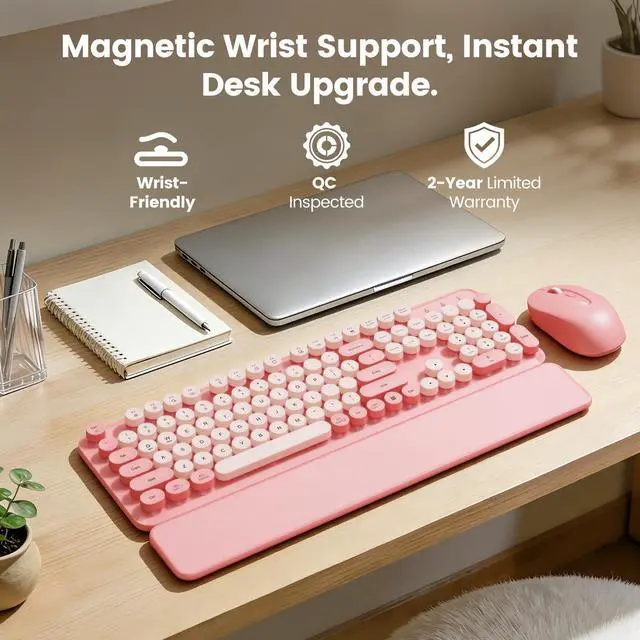 Alt view image 2 of 7 - Wireless Keyboard and Mouse Combo with Magnetic Wrist Rest, Round Keycaps, Full-Size Retro Typewriter-Style, Two-Stage Tilt Legs, Auto-Sleep, 2.4G Wireless for Windows Mac Laptop PC, Soft Blush Pink