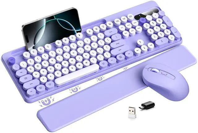 Main image of Wireless Keyboard and Mouse Combo - Detachable Wrist Rest, Phone/Tablet Holder, Retro Typewriter Style Keyboard, Colorful Round Keycaps, 2.4GHz Wireless for Windows/Mac/PC/Laptop, Purple