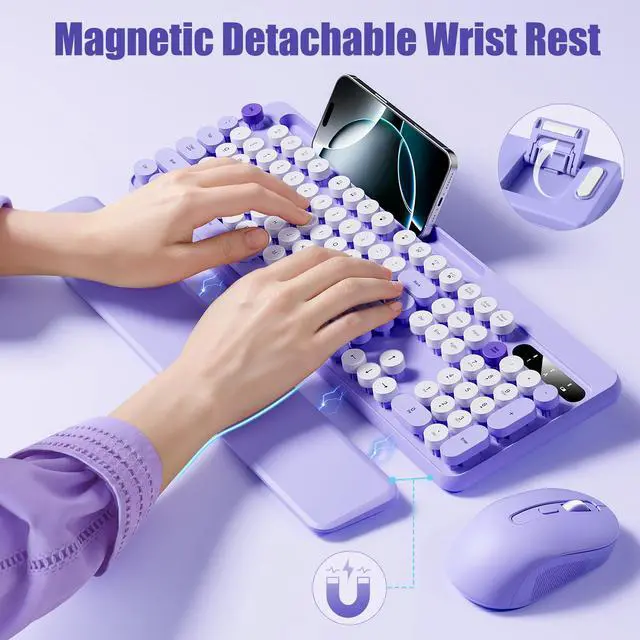 Alt view image 2 of 7 - Wireless Keyboard and Mouse Combo - Detachable Wrist Rest, Phone/Tablet Holder, Retro Typewriter Style Keyboard, Colorful Round Keycaps, 2.4GHz Wireless for Windows/Mac/PC/Laptop, Purple