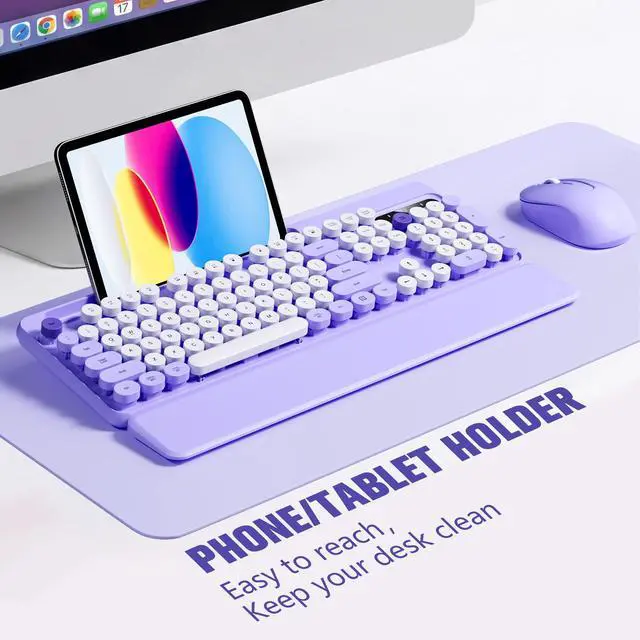 Alt view image 3 of 7 - Wireless Keyboard and Mouse Combo - Detachable Wrist Rest, Phone/Tablet Holder, Retro Typewriter Style Keyboard, Colorful Round Keycaps, 2.4GHz Wireless for Windows/Mac/PC/Laptop, Purple