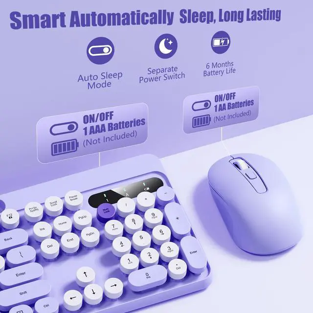 Alt view image 4 of 7 - Wireless Keyboard and Mouse Combo - Detachable Wrist Rest, Phone/Tablet Holder, Retro Typewriter Style Keyboard, Colorful Round Keycaps, 2.4GHz Wireless for Windows/Mac/PC/Laptop, Purple