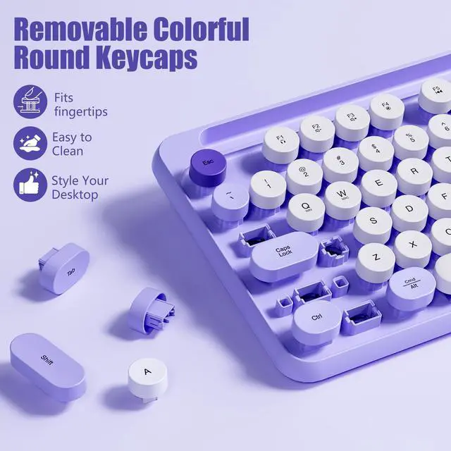 Alt view image 6 of 7 - Wireless Keyboard and Mouse Combo - Detachable Wrist Rest, Phone/Tablet Holder, Retro Typewriter Style Keyboard, Colorful Round Keycaps, 2.4GHz Wireless for Windows/Mac/PC/Laptop, Purple