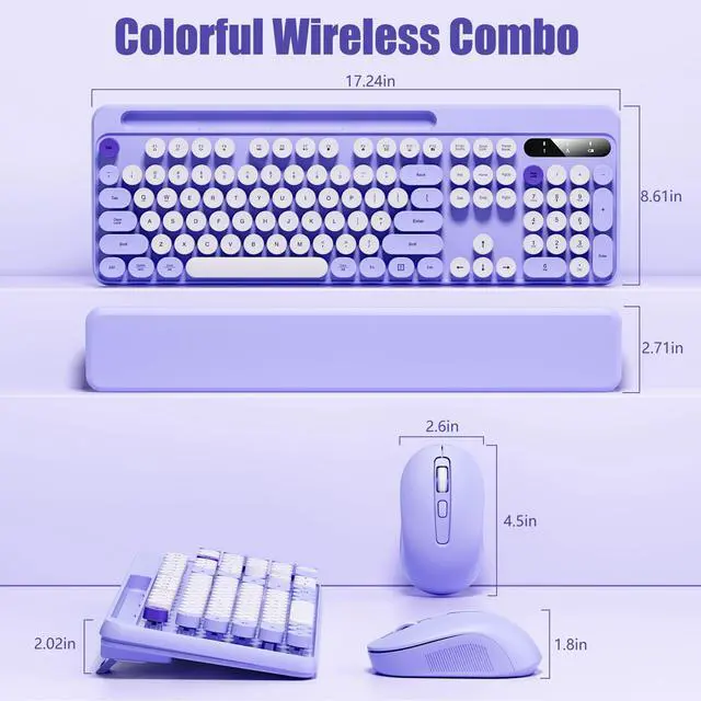 Alt view image 7 of 7 - Wireless Keyboard and Mouse Combo - Detachable Wrist Rest, Phone/Tablet Holder, Retro Typewriter Style Keyboard, Colorful Round Keycaps, 2.4GHz Wireless for Windows/Mac/PC/Laptop, Purple