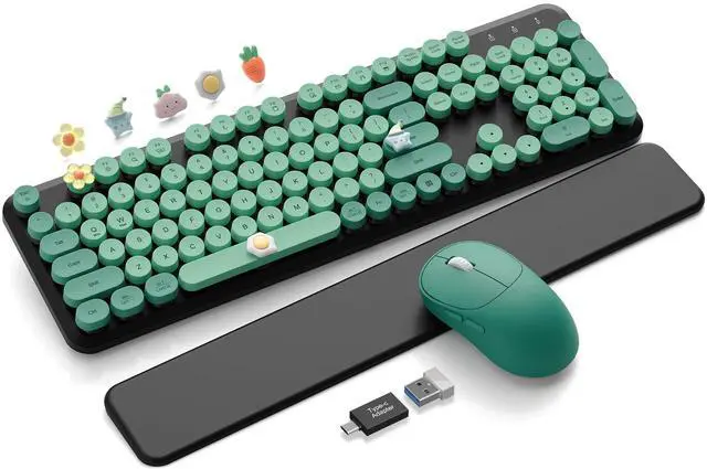 Main image of Wireless Keyboard and Mouse Combo - Cute Typewriter Keyboard with Detachable Wrist Rest, Retro Round Keycaps, Foldable Legs, 2.4GHz Keyboards for PC Laptop, Mac, Windows - (Black and Green)