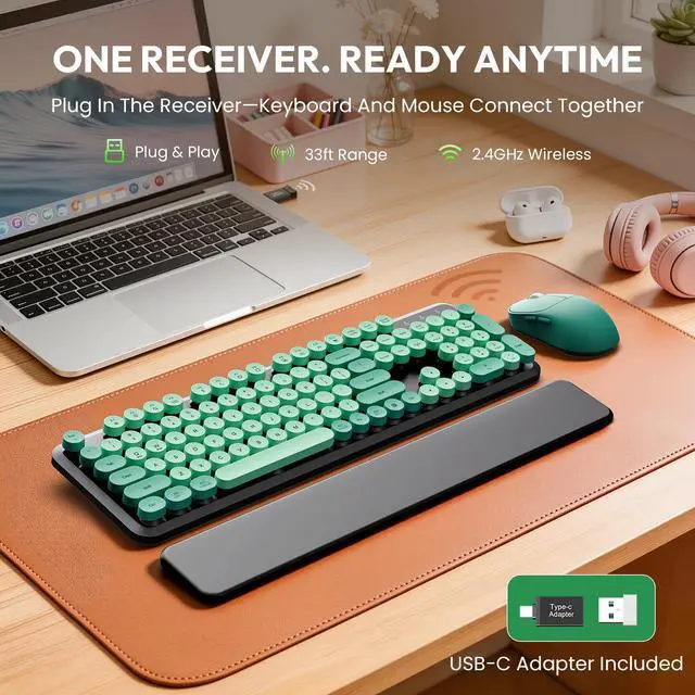 Alt view image 2 of 7 - Wireless Keyboard and Mouse Combo - Cute Typewriter Keyboard with Detachable Wrist Rest, Retro Round Keycaps, Foldable Legs, 2.4GHz Keyboards for PC Laptop, Mac, Windows - (Black and Green)