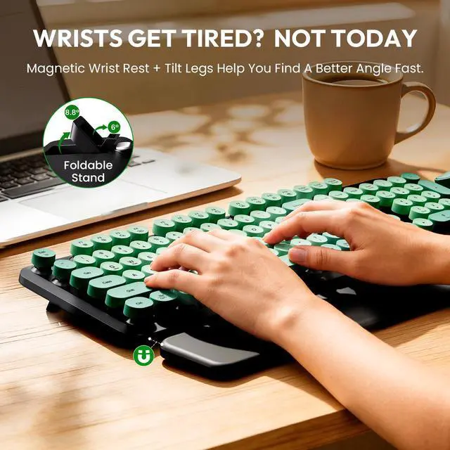 Alt view image 3 of 7 - Wireless Keyboard and Mouse Combo - Cute Typewriter Keyboard with Detachable Wrist Rest, Retro Round Keycaps, Foldable Legs, 2.4GHz Keyboards for PC Laptop, Mac, Windows - (Black and Green)