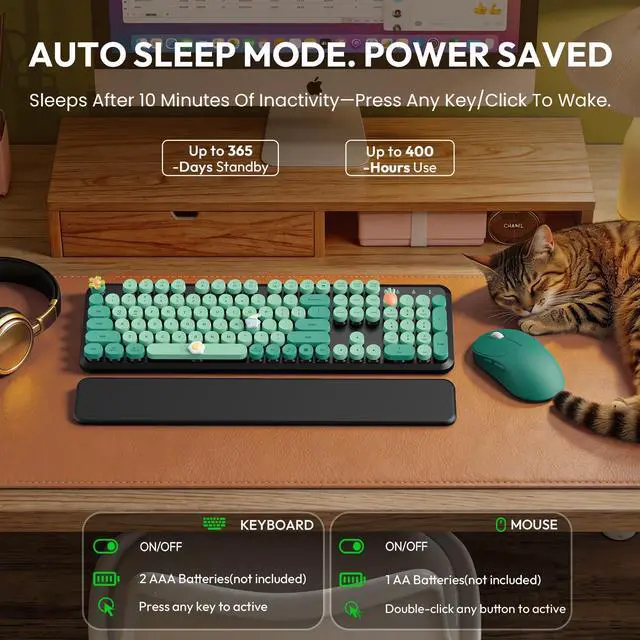 Alt view image 4 of 7 - Wireless Keyboard and Mouse Combo - Cute Typewriter Keyboard with Detachable Wrist Rest, Retro Round Keycaps, Foldable Legs, 2.4GHz Keyboards for PC Laptop, Mac, Windows - (Black and Green)