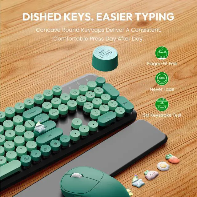 Alt view image 6 of 7 - Wireless Keyboard and Mouse Combo - Cute Typewriter Keyboard with Detachable Wrist Rest, Retro Round Keycaps, Foldable Legs, 2.4GHz Keyboards for PC Laptop, Mac, Windows - (Black and Green)
