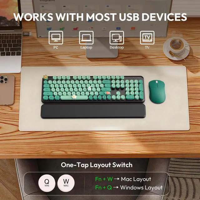 Alt view image 7 of 7 - Wireless Keyboard and Mouse Combo - Cute Typewriter Keyboard with Detachable Wrist Rest, Retro Round Keycaps, Foldable Legs, 2.4GHz Keyboards for PC Laptop, Mac, Windows - (Black and Green)