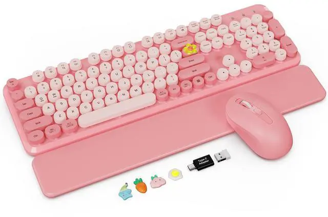 Main image of Wireless Keyboard and Mouse Combo with Detachable Magnetic Wrist Rest, Retro Typewriter-Style Keyboard, Round Keycaps, Adjustable Legs, 3-Level DPI Mouse, 2.4GHz for Windows PC/Laptop (Blush Pink)