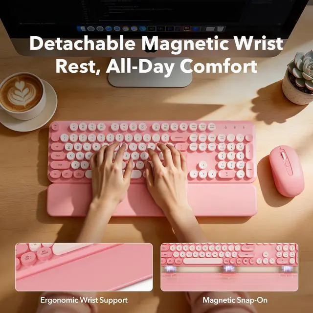 Alt view image 2 of 7 - Wireless Keyboard and Mouse Combo with Detachable Magnetic Wrist Rest, Retro Typewriter-Style Keyboard, Round Keycaps, Adjustable Legs, 3-Level DPI Mouse, 2.4GHz for Windows PC/Laptop (Blush Pink)