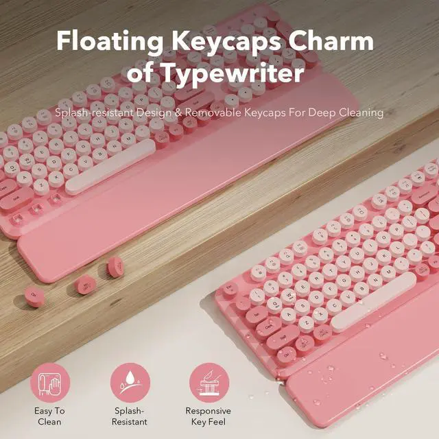 Alt view image 3 of 7 - Wireless Keyboard and Mouse Combo with Detachable Magnetic Wrist Rest, Retro Typewriter-Style Keyboard, Round Keycaps, Adjustable Legs, 3-Level DPI Mouse, 2.4GHz for Windows PC/Laptop (Blush Pink)