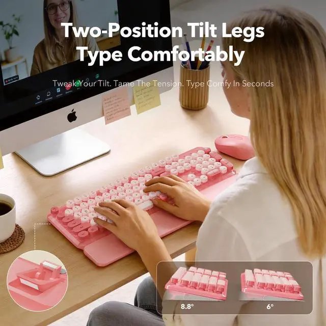 Alt view image 4 of 7 - Wireless Keyboard and Mouse Combo with Detachable Magnetic Wrist Rest, Retro Typewriter-Style Keyboard, Round Keycaps, Adjustable Legs, 3-Level DPI Mouse, 2.4GHz for Windows PC/Laptop (Blush Pink)