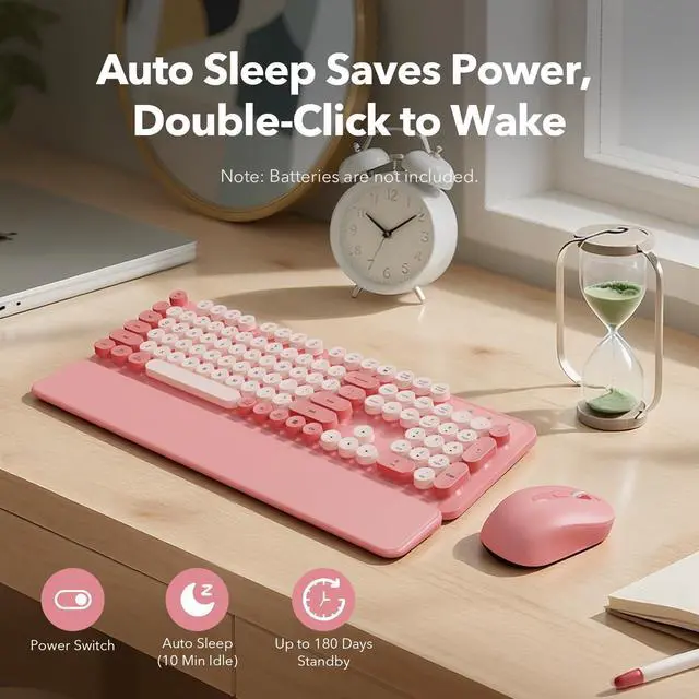 Alt view image 5 of 7 - Wireless Keyboard and Mouse Combo with Detachable Magnetic Wrist Rest, Retro Typewriter-Style Keyboard, Round Keycaps, Adjustable Legs, 3-Level DPI Mouse, 2.4GHz for Windows PC/Laptop (Blush Pink)