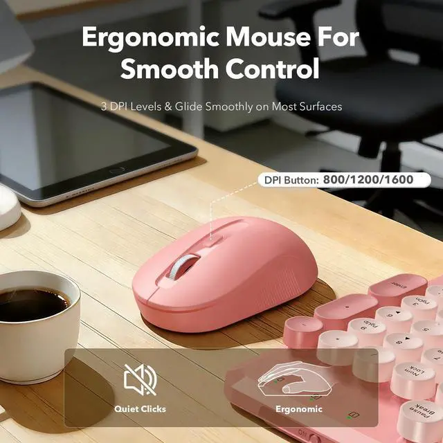 Alt view image 6 of 7 - Wireless Keyboard and Mouse Combo with Detachable Magnetic Wrist Rest, Retro Typewriter-Style Keyboard, Round Keycaps, Adjustable Legs, 3-Level DPI Mouse, 2.4GHz for Windows PC/Laptop (Blush Pink)