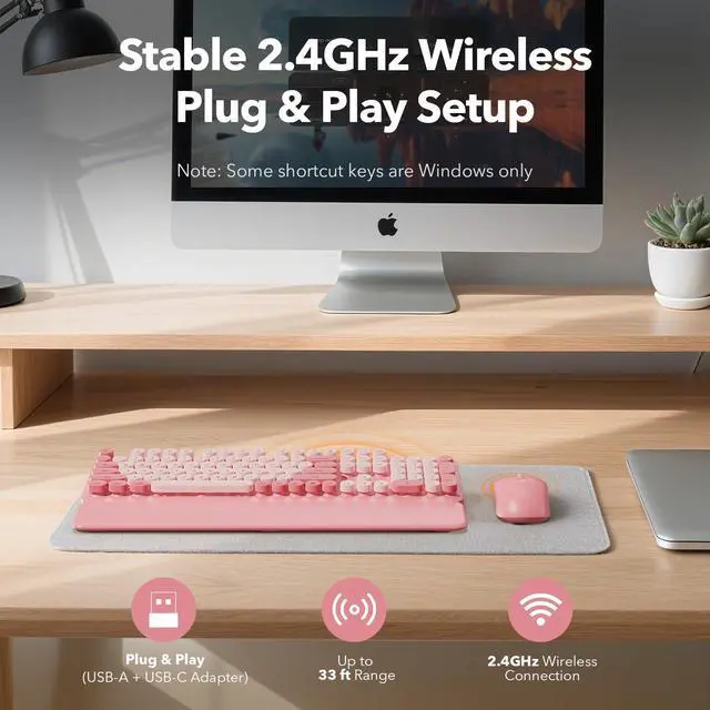 Alt view image 7 of 7 - Wireless Keyboard and Mouse Combo with Detachable Magnetic Wrist Rest, Retro Typewriter-Style Keyboard, Round Keycaps, Adjustable Legs, 3-Level DPI Mouse, 2.4GHz for Windows PC/Laptop (Blush Pink)