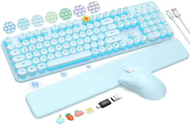Main image of Wireless Keyboard and Mouse Backlit - Typewriter Keyboard with Detachable Wrist Rest, Light Up Letters, 2.4G Rechargeable Combo for Mac, Windows, PC, Laptop, (Blue)