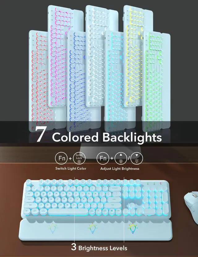Alt view image 2 of 7 - Wireless Keyboard and Mouse Backlit - Typewriter Keyboard with Detachable Wrist Rest, Light Up Letters, 2.4G Rechargeable Combo for Mac, Windows, PC, Laptop, (Blue)