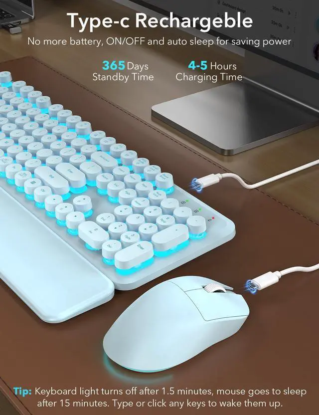 Alt view image 4 of 7 - Wireless Keyboard and Mouse Backlit - Typewriter Keyboard with Detachable Wrist Rest, Light Up Letters, 2.4G Rechargeable Combo for Mac, Windows, PC, Laptop, (Blue)