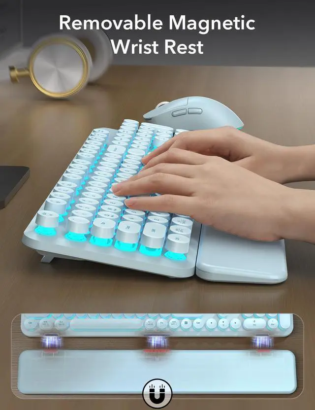 Alt view image 5 of 7 - Wireless Keyboard and Mouse Backlit - Typewriter Keyboard with Detachable Wrist Rest, Light Up Letters, 2.4G Rechargeable Combo for Mac, Windows, PC, Laptop, (Blue)