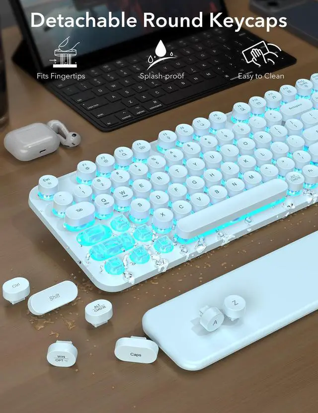 Alt view image 6 of 7 - Wireless Keyboard and Mouse Backlit - Typewriter Keyboard with Detachable Wrist Rest, Light Up Letters, 2.4G Rechargeable Combo for Mac, Windows, PC, Laptop, (Blue)