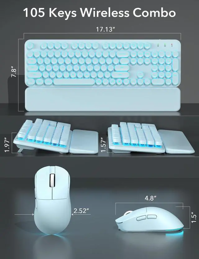 Alt view image 7 of 7 - Wireless Keyboard and Mouse Backlit - Typewriter Keyboard with Detachable Wrist Rest, Light Up Letters, 2.4G Rechargeable Combo for Mac, Windows, PC, Laptop, (Blue)