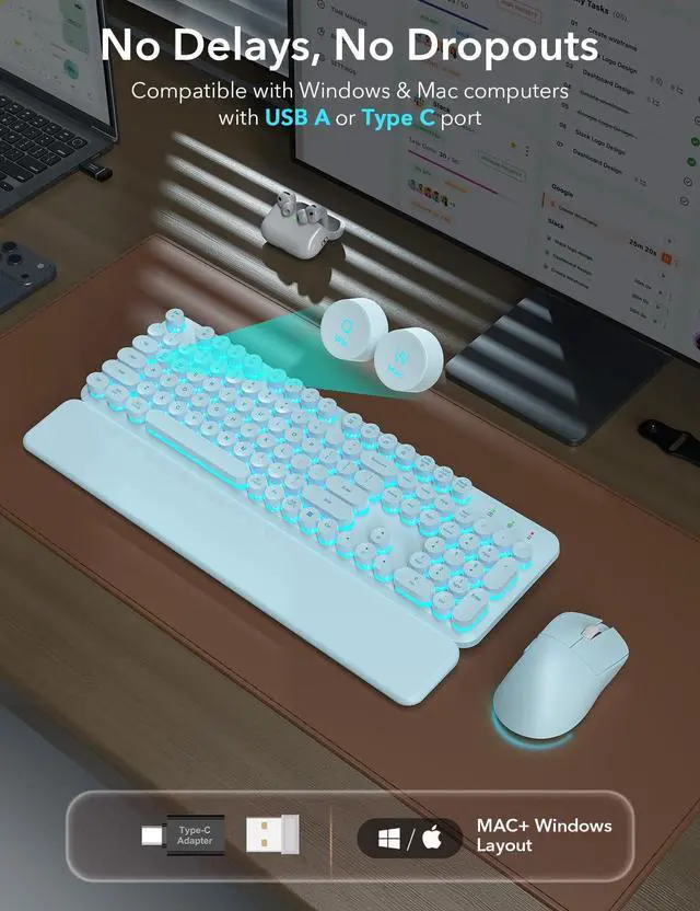 Alt view image 3 of 7 - Wireless Keyboard and Mouse Backlit - Typewriter Keyboard with Detachable Wrist Rest, Light Up Letters, 2.4G Rechargeable Combo for Mac, Windows, PC, Laptop, (Blue)