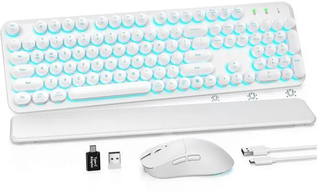 Main image of Wireless Keyboard and Mouse Combo, Backlit Round Keycaps, Retro Typewriter Keyboard with Detachable Wrist Rest, Rechargeable & Tilt Legs, 2.4GHz Cordless Connection for Windows/PC (Glowing White)