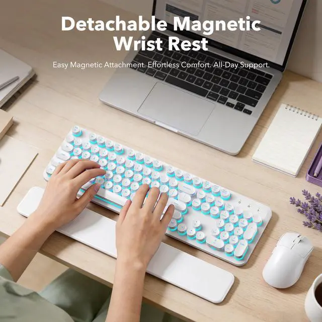 Alt view image 3 of 7 - Wireless Keyboard and Mouse Combo, Backlit Round Keycaps, Retro Typewriter Keyboard with Detachable Wrist Rest, Rechargeable & Tilt Legs, 2.4GHz Cordless Connection for Windows/PC (Glowing White)