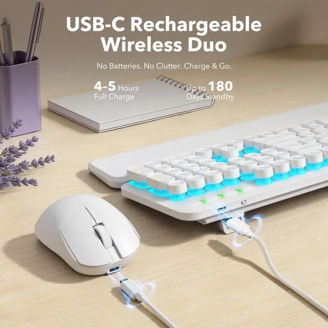 Alt view image 5 of 7 - Wireless Keyboard and Mouse Combo, Backlit Round Keycaps, Retro Typewriter Keyboard with Detachable Wrist Rest, Rechargeable & Tilt Legs, 2.4GHz Cordless Connection for Windows/PC (Glowing White)