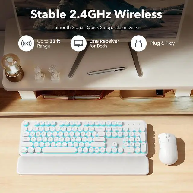 Alt view image 7 of 7 - Wireless Keyboard and Mouse Combo, Backlit Round Keycaps, Retro Typewriter Keyboard with Detachable Wrist Rest, Rechargeable & Tilt Legs, 2.4GHz Cordless Connection for Windows/PC (Glowing White)