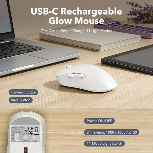 Alt view image 6 of 7 - Wireless Keyboard and Mouse Combo, Backlit Round Keycaps, Retro Typewriter Keyboard with Detachable Wrist Rest, Rechargeable & Tilt Legs, 2.4GHz Cordless Connection for Windows/PC (Glowing White)