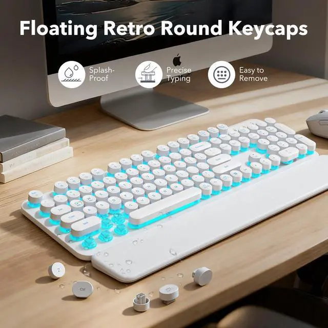 Alt view image 4 of 7 - Wireless Keyboard and Mouse Combo, Backlit Round Keycaps, Retro Typewriter Keyboard with Detachable Wrist Rest, Rechargeable & Tilt Legs, 2.4GHz Cordless Connection for Windows/PC (Glowing White)