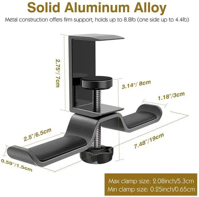 Alt view image 3 of 7 - Headphone Hanger, Aluminum 360° Rotating Dual Headphone Stand Under Desk Headset Holder Earphone Mount with Adjustable Clamp for All Headphones,PC Gaming Headphone - Black
