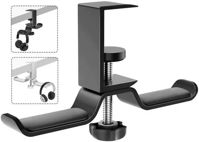 Main image of Headphone Hanger, Aluminum 360° Rotating Dual Headphone Stand Under Desk Headset Holder Earphone Mount with Adjustable Clamp for All Headphones,PC Gaming Headphone - Black