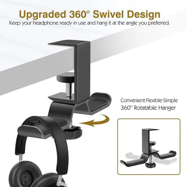 Alt view image 4 of 7 - Headphone Hanger, Aluminum 360° Rotating Dual Headphone Stand Under Desk Headset Holder Earphone Mount with Adjustable Clamp for All Headphones,PC Gaming Headphone - Black