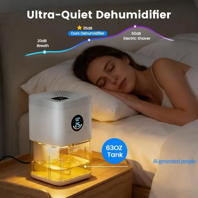 Alt view image 4 of 7 - Small Dehumidifier 63oz 35dB Auto Dehumidify & Defrost, Timer & Nightlight
