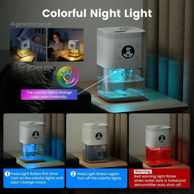 Alt view image 5 of 7 - Small Dehumidifier 63oz 35dB Auto Dehumidify & Defrost, Timer & Nightlight