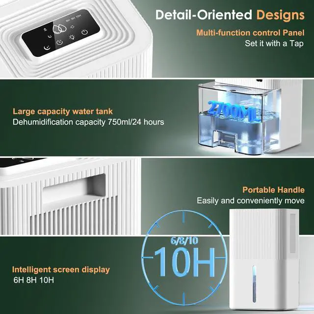 Alt view image 7 of 7 - Portable Home Dehumidifier for Basements Bathroom Bedroom|91 OZ Tank|900 sq.ft Coverage|Quiet Smart Design with Auto Shut-Off White91 OZ