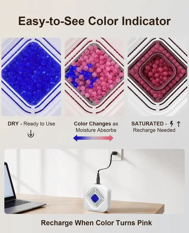 Alt view image 3 of 7 - Dehumidifier for Bathroom with Color-Changing Beads, Rechargeable Small Dehumidifier for Closet, Portable Gun Safe Dehumidifier Ideal for Spaces up to 35 Sq.Ft Coverage, Quiet Operation