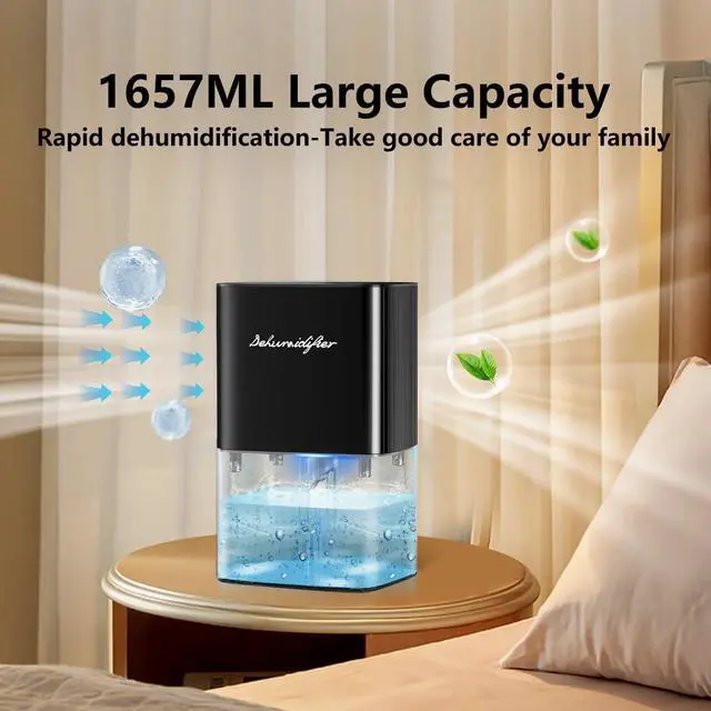 Alt view image 2 of 7 - Dehumidifier 58OZ 1657ML Small Dehumidifier for Home Safety Dehumidification 5 Timers 3 Setting Modes Auto Shut Off Protection Adjustable 10 Color Lights Low Noise For Bedroom Bathroom 230 Ft²