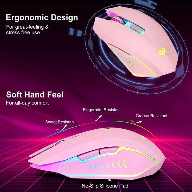 Alt view image 5 of 7 - Wireless Gaming Mouse, Rechargeable Computer Mouse, 7-Color LED Light, Ergonomic Mouse with 6 Silent Click Buttons, 3 Adjustable 2400 DPI Wireless Mouse for Laptop,PC,Mac, Pink